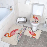 BOMEKS 3-teiliges Badteppich-Set,Flamingo-Aquarell-Vogel-Flamingo,rutschfeste Mikrofaser Shaggy Soft Bath Duschmatten Contour Badteppich Toilettensitzbezug Combo