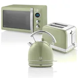 SWAN STRP2070GNEU Retro Set Frühstück, Wasserkocher 1,8 L, 2 Breitschlitz-Toaster, Mikrowelle 20 L, Grün, 850W