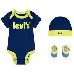Kurzarmbody LEVI'S KIDS "Neugeborenen-Geschenkset", Baby, Gr. 2 (74/80), N-Gr, blau (blau, gelb), Jersey, Obermaterial: 100% Baumwolle, bedruckt, Basic, Basic, Rundhals, Kurzarm, Bodies, UNISEX