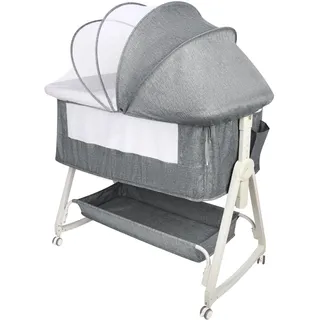 HUOLE 3 in 1 Beistellbett, Reisebett Baby mit Matratze, Babybett 6 Fach höhenverstellbar mit Aufbe, tragbarer Stubenwagen mit Rollen für Baby bis 36 Monaten-92 * 52 * 106-118cm – Leinengrau