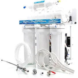 Naturewater NW-RO400-E2 Umkehrosmoseanlage 1500 L/Tag, 5-stufiges Trinkwasser Filtrationssystem, Osmose System mit Druckerhöhungspumpe