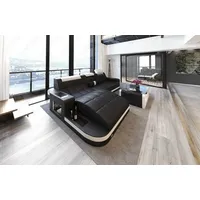 Sofa Dreams Ecksofa Wave L Form Ledersofa LED, 4-Sitzer, Echtleder Premium, Schwarz-Weiß, Ottomane links mit Bett schwarz
