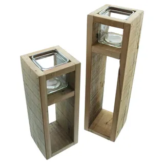 Dekoleidenschaft 2X Windlicht-Säule Wood aus Holz & Glas, 30 + 40 cm hoch, Kerzenhalter aus recyceltem Holz, Kerzenständer, Deko-Säule für Wohnzimmer, Holzsäule mit Kerzenglas
