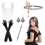 XNIVUIS 5 Stück 20er Jahre Accessoires Damen, 1920s Kostüm Damen Flapper Accessoires Set, 1920s Great Gatsby Accessoires Set, Flapper Stirnband Halskette Ohrringe Lange Schwarze Handschuhe