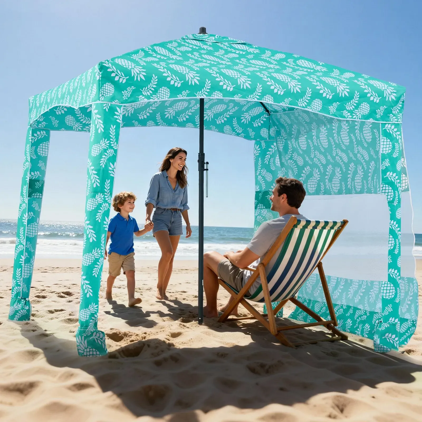 VEVOR Strand-Cabana 183 x 183 cm Strandüberdachung mit Seitenwand, UPF 50+ Sonnenschutz, Strandpavillon mit Sandsäcken, tragbarer Sonnenschutz Sonnenschirm für die ganze Familie und Freunde