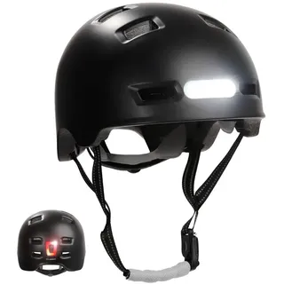 crazySAFETY Crazy Safety Vertigo Matt Schwarz Fahrradhelm mit Vorder- und Rücklicht | Skater-Helm für Roller, Skateboard, Inline-Skates und BMX-Fahrräder, City-Fahrradhelm für Männer und Frauen | L 57–61cm