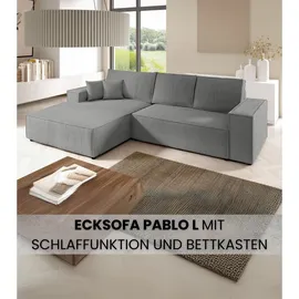 bromarkt Ecksofa PABLO Schlaffunktion Bettkasten L-Form 294x185x85cm Hellgrau Links - Hellgrau