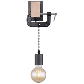ETC Shop Wandleuchte hängend Wandlampe aus Holz mit Schraubzwinge schwarz, 1x E27, Textilkabel schwarz, 14x28x15cm, Flur Schlafzimmer Treppenhaus Wohnzimmer