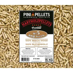 PINI Hartholz Pellets 100% Buche Nr. 5 BBQ Beech 15 Kg Grillpellets zum Grillen Räuchern Smoken