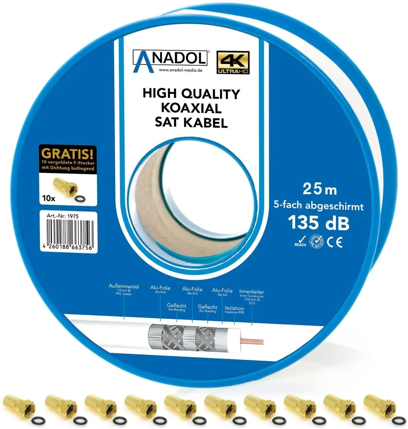 Anadol Brandschutz-Koaxialkabel 135dB, 25m Spule, 7mm, 5fach geschirmt,Norm EN 50575, Brandschutzklasse Eca, inklusiv 10 vergoldete F-Stecker