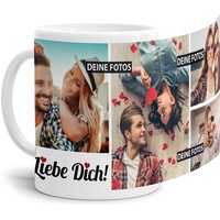 Tassendruck Fototasse mit Spruch - Ich liebe Dich - zum Selbst gestalten personalisiert mit 4 Fotos, Weiß, 300 ml