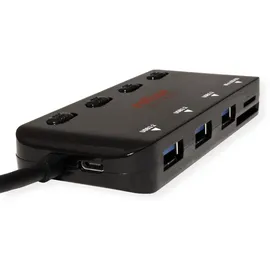 Roline USB 3.2 Gen 1 Hub, 3fach, Typ C Anschlusskabel, mit CardReader, Ports einzeln schaltbar