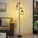 ZMH Stehlampe Wohnzimmer Vintage Stehleuchte Schwarz: Holz Standleuchte Metall Industrial E27 Standlampe 2 Flammig Mit Käfig Lampenschirm Retro Bettlampe Für Schlafzimmer 152cm (ohne Leuchtmittel)