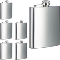 Relaxdays Flachmann 6er Set, 200 ml, Edelstahl Schnapsbehälter für unterwegs, Taschenflasche Schraubverschluss, Silber