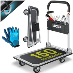 MASKO® Plattformwagen Transportwagen Lagerwagen Klappbar Inkl. Arbeitshandschuhe   Feststellbremse Transporthilfe   Mit 6 Sicherungsösen   360° Lenkrollen   Paketwagen Klappwagen