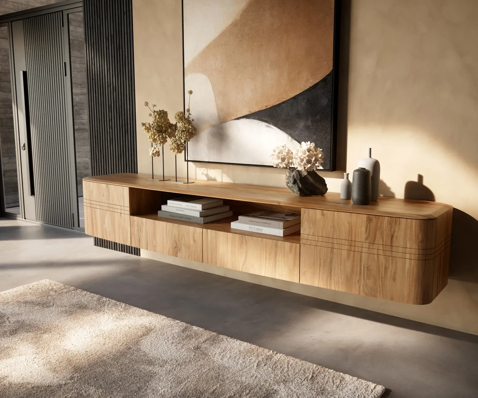 DELIFE Meuble-TV Nagaru 240 cm acacia Aura 2 portes 2 tiroirs 1 compartiment flottantLowboard Nagaru 240 cm Acacia Aura 2 portes 2 tiroirs 1 compartiment flottant, Meubles-TV