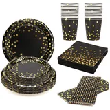 EVYIENEN 125 Stück Pappteller Geburtstag Schwarz Gold,Partyzubehör Pappteller Set,25 Gäster Teller Tassen Servietten Strohhalme für Babydusche Geburtstag Hochzeit Party (Schwarz Gold)