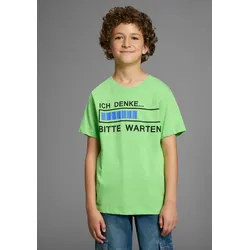 T-Shirt KIDSWORLD "ICH DENKE...BITTE WARTEN", Jungen, Gr. 128/134, grün (neongrün), Jersey, Obermaterial: 100% Baumwolle, Basic, Basic, Rundhals, Kurzarm, Shirts, Kurzarm, Basic Passform, mit trendigem Aufdruck