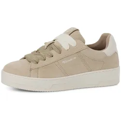 Plateausneaker TAMARIS, Damen, Gr. 40, beige, Rindsleder, sportlich, Schuhe, Freizeitschuh, Halbschuh, Schnürschuh mit seitlichem Logoschriftzug