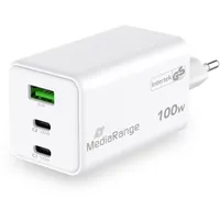 MediaRange 100W GaN Schnellladeadapter (EU-Stecker), 2X USB-C und 1x USB-A, unterstützt USB-C® Power Delivery und Quick ChargeTM, Weiß