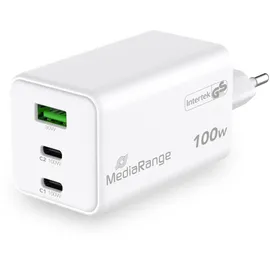 MediaRange 100W GaN Schnellladeadapter (EU-Stecker), 2X USB-C und 1x USB-A, unterstützt USB-C® Power Delivery und Quick ChargeTM, Weiß