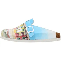 Hausschuh DOGO "Comfie Pantoletten Hausschuhe Burano Island Damen Sandalen", Damen, Gr. 38, Normalschaft, blau, Lederimitat, Schuhe, Vegan