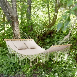 outtec Outtec® Hängematte mit 2 Kissen - 200x150 cm, bis 220kg - Boho Hammock für Outdoor, Garten, Balkon - für Kinder und Erwachsene - Beige