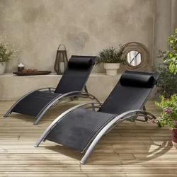 2er Set Sonnenliegen aus Aluminium -  schwarz - Liegestühle aus Aluminium und Textilene - Louisa