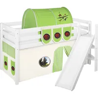 Spielbett JELLE 90 x 190 cm Dragons Grün - Hochbett LILOKIDS - Weiß - mit schräger Rutsche und Vorhang - Weiß/Grün
