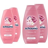 Schauma Schwarzkopf Reparatur-Shampoo 7 Blüten-Öl (2x 400 ml) glättet, Repair Shampoo für trockenes & erschöpftes Haar & Spülung (2x 250 ml) Pflegespülung verleiht strahlenden Glanz