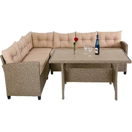 CASARIA Polyrattan Ecklounge Set WPC Esstisch Ecksofa 2 Gartenstühle Sitzauflagen Kissen Wetterfest Outdoor Lounge Garten Terrasse Balkon Möbel