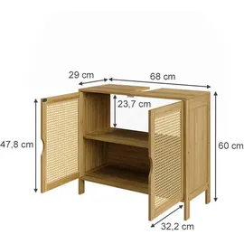 Vicco Waschbeckenunterschrank Liora, Bambus/Rattan/Creme, 68 x 60 cm mit 2 Türen zur Aufbewahrung von Badutensilien und Handtüchern