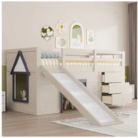 Merax Hochbett mit Rutsche und Stauraum (213 x 95 x 107cm, 1-St., Jugendbett Einzelbett Hausbett) Kieferholz Kinderbett 90x200cm mit Schubladen, Leiter und Lattenrost weiß 95 cm x 213 cm x 107 cm