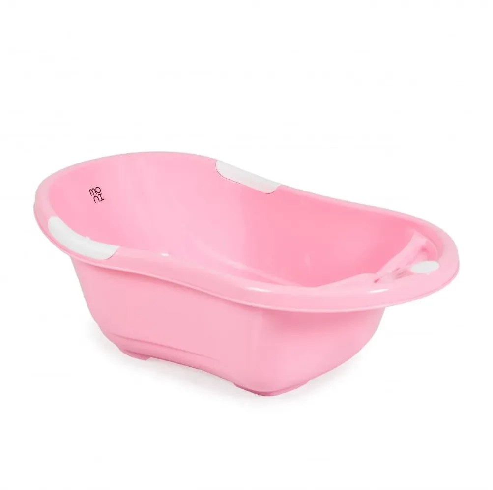 Babybadewanne Lilly platzsparend mit Wasserablauf, Ablagefächer für Zubehör rosa