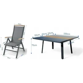 ALEOS. Gartengarnitur Gartenset Aluminium TEAK Set mit quadratischem Ausziehtisch 150x110cm auf 150cm ausziehbar + 4 Hochlehner anthrazit Trinidad