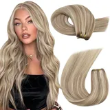 Moresoo Echthaar Tressen zum Einnähen Blond 45cm Haartressen Echthaar Haarverlängerung Tressen Echthaar Goldbraun mit Platinblond Haare Extension Echthaar Remy 100gram #9A/60