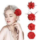 Haarspange, 4 Blumen-Haarspangen für Damen und Mädchen, elegante Blumenbrosche, Flamenco-Blumen, Haar-Zubehör für Hochzeit, Party, Urlaub, Rot