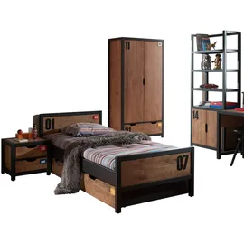 58 aufm Kessel Jugendzimmer-Set Kinderzimmer Set komplett Kameko 8 Massivholz+MDF Schwarz/Cognac, (inkl. Versand, Lieferung bis Verwendungsstelle), Nachtkonsole, Bett, Bettschublade, Kleiderschrank, Regal, Schreibtisch beige|schwarz