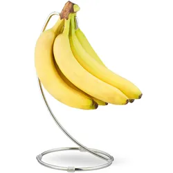 Relaxdays Bananenhalter mit rundem Standfuß, Bananenhaken, Obstaufbewahrung, Bananen, Trauben, verchromtes Eisen, silber