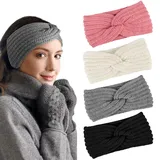 PROPOG Stirnband Damen Winter, 4 Stück Strick Ohrenwärmer Damen Verdicken Stirnbänder Mädchen Sehr Warm Elastische Gestrickte Haarband Headwrap Kopfband Warme Wintergeschenke