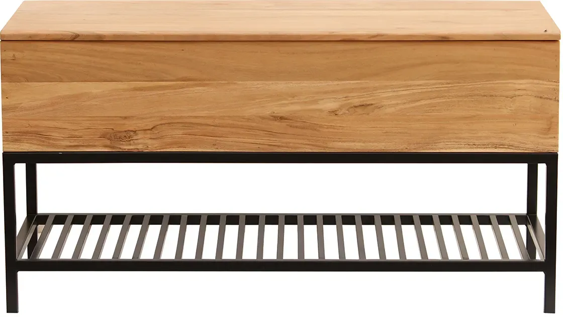 Banc d'entrée industriel avec coffre de rangement en bois massif et métal noir L100 cm SORG