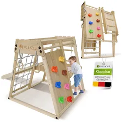 Juskys Mini Klettergerüst für Kinder - Indoor Spielplatz mit Rutsche, Kletterwand & Turnringe Natur