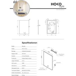PonteSino HOKO Badspiegel Antibeschlag LED 70x100cm mit Rahmen, HOCH+QUER Montage. TouchSchalter+Licht Wechsel Warmweiß-Kaltweiß-Neutral Wandschalter einscha... / Weiß