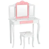 Goplus - 2 In 1 Kinder Schminktisch Mit Hocker & Abnehmbarem Spiegel, Abnehmbarer Platte, Kinder Kosmetiktisch Mit Schublade, Gepolsterter Aus Holz, Mit Mädchen