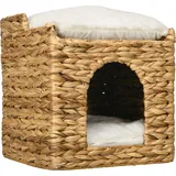 PawHut Rattan Katzenhöhle mit Kissen, Katzenhütte mit 2 Ebenen