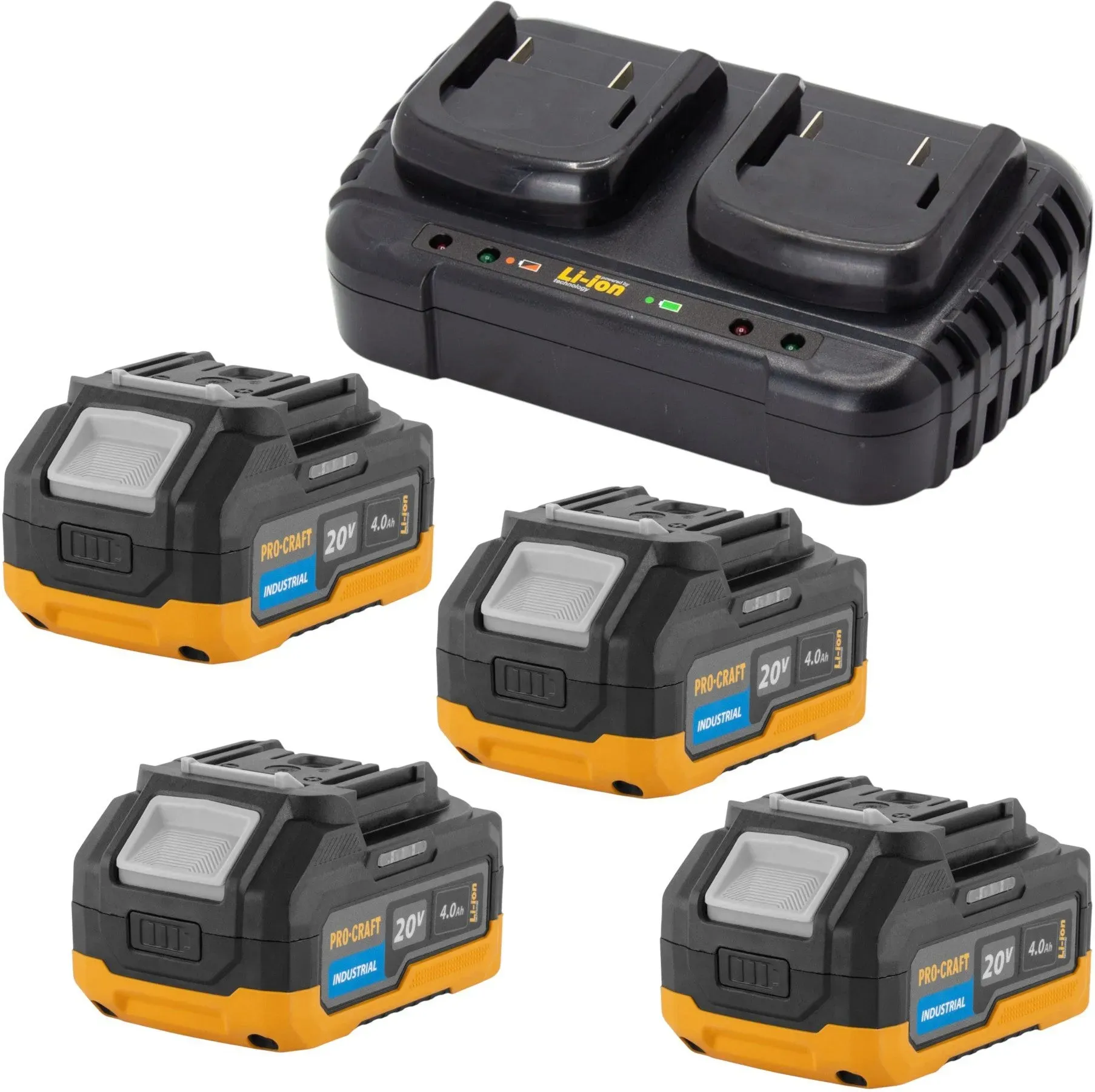 Procraft Starter Set 20 V 20/2 Doppel Ladegerät + 4x 20/4 Industrial Akku 4,0 Ah