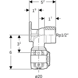 Geberit Anschlusswinkel FlowFit d= 20mmxRp 1/2x52mm, 90Grad