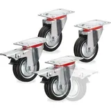 Relaxdays Schwerlastrolle Set 4-teilig, 125mm Ø, Gummi, Tragkraft 240kg, mit Bremse