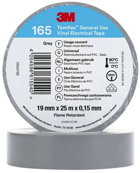 3M Temflex 165 Vinyl Elektro-Isolierband, 19mm breit, 25m lang, grau