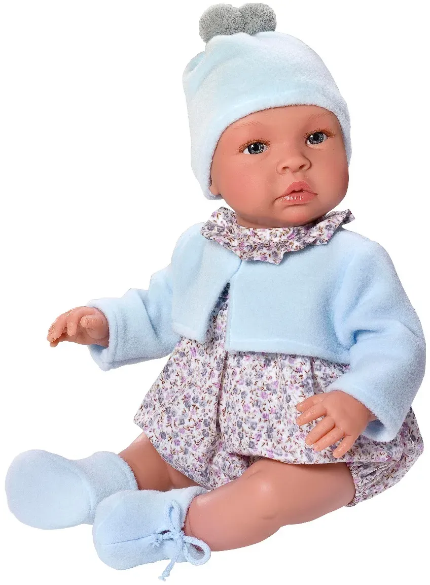 Babypuppe Leo mit Strampler und Cardigan 46 cm Weichkörper Jungenpuppe - Así - Handgefertigte Details, Mütze inklusive